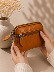 Porte-monnaie femme en cuir marron cognac