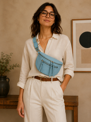 Grand sac banane femme Cuir bleu ciel Bandoulière large - Porte-monnaie inclus