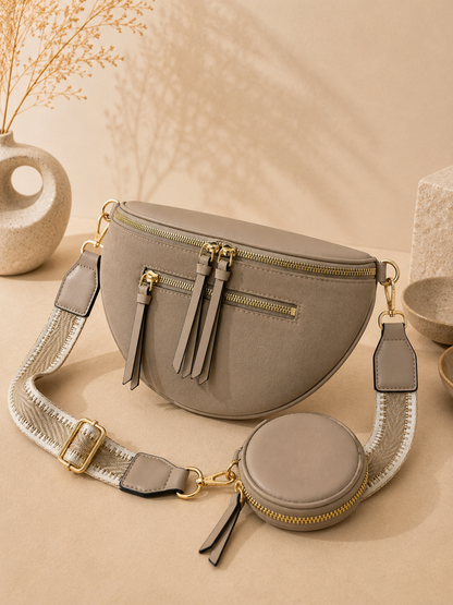 Sac banane femme XL bi-matière en daim beige – Porte-monnaie assorti – Bandoulière interchangeable