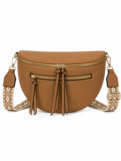 Grand sac banane femme Cuir marron Bandoulière large - Porte-monnaie inclus