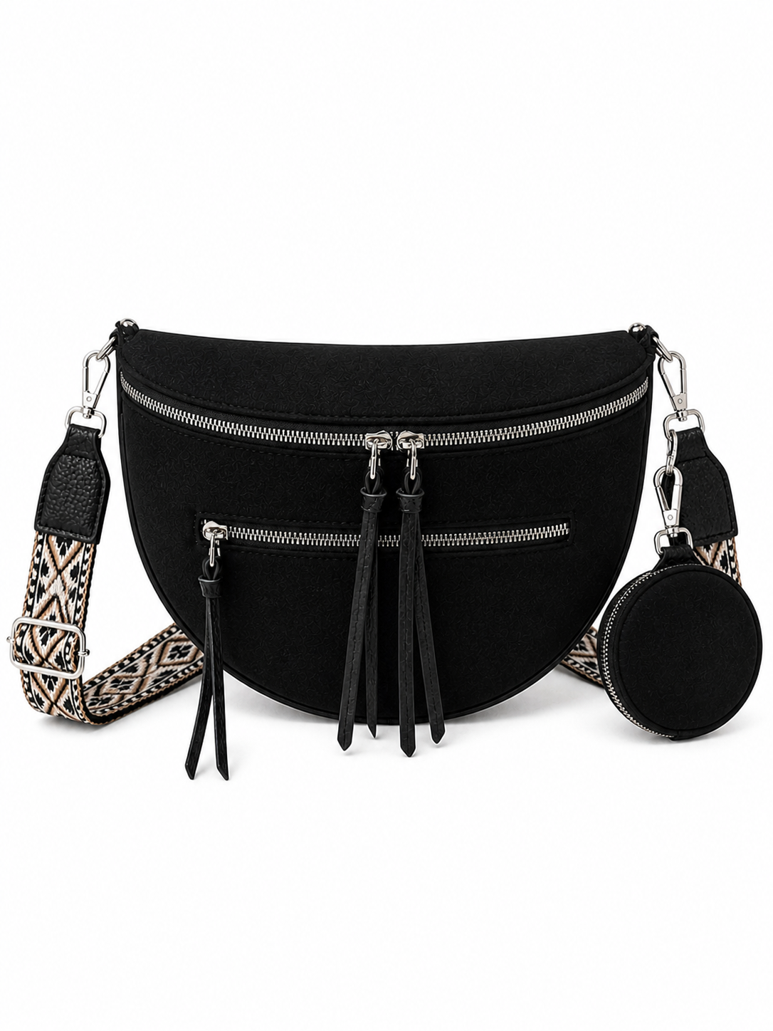 Grand sac banane femme Daim noir Bandoulière large - Porte-monnaie inclus