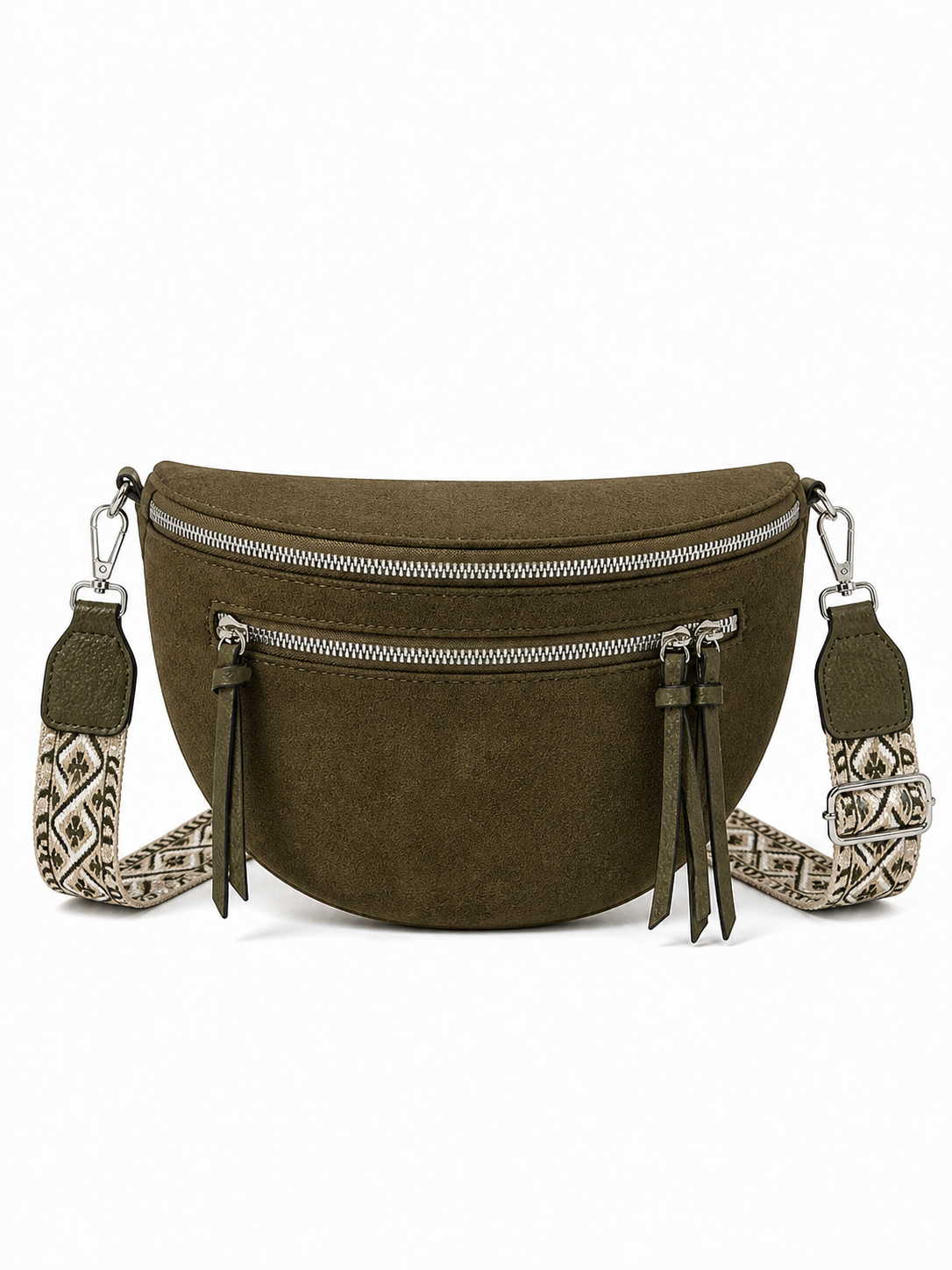 Grand sac banane femme daim vert kaki Bandoulière large - Porte-monnaie inclus