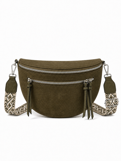 Grand sac banane femme daim vert kaki Bandoulière large - Porte-monnaie inclus