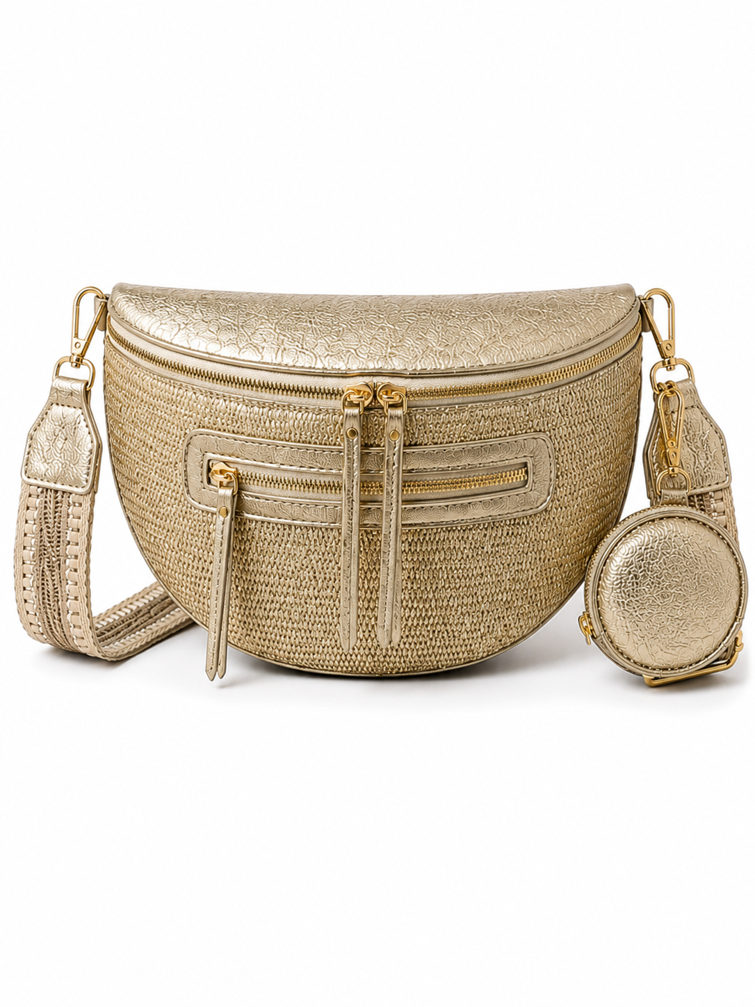 Grand sac banane femme doré brillant effet paille Bandoulière large - Porte-monnaie inclus