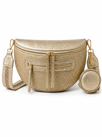 Grand sac banane femme doré brillant effet paille Bandoulière large - Porte-monnaie inclus
