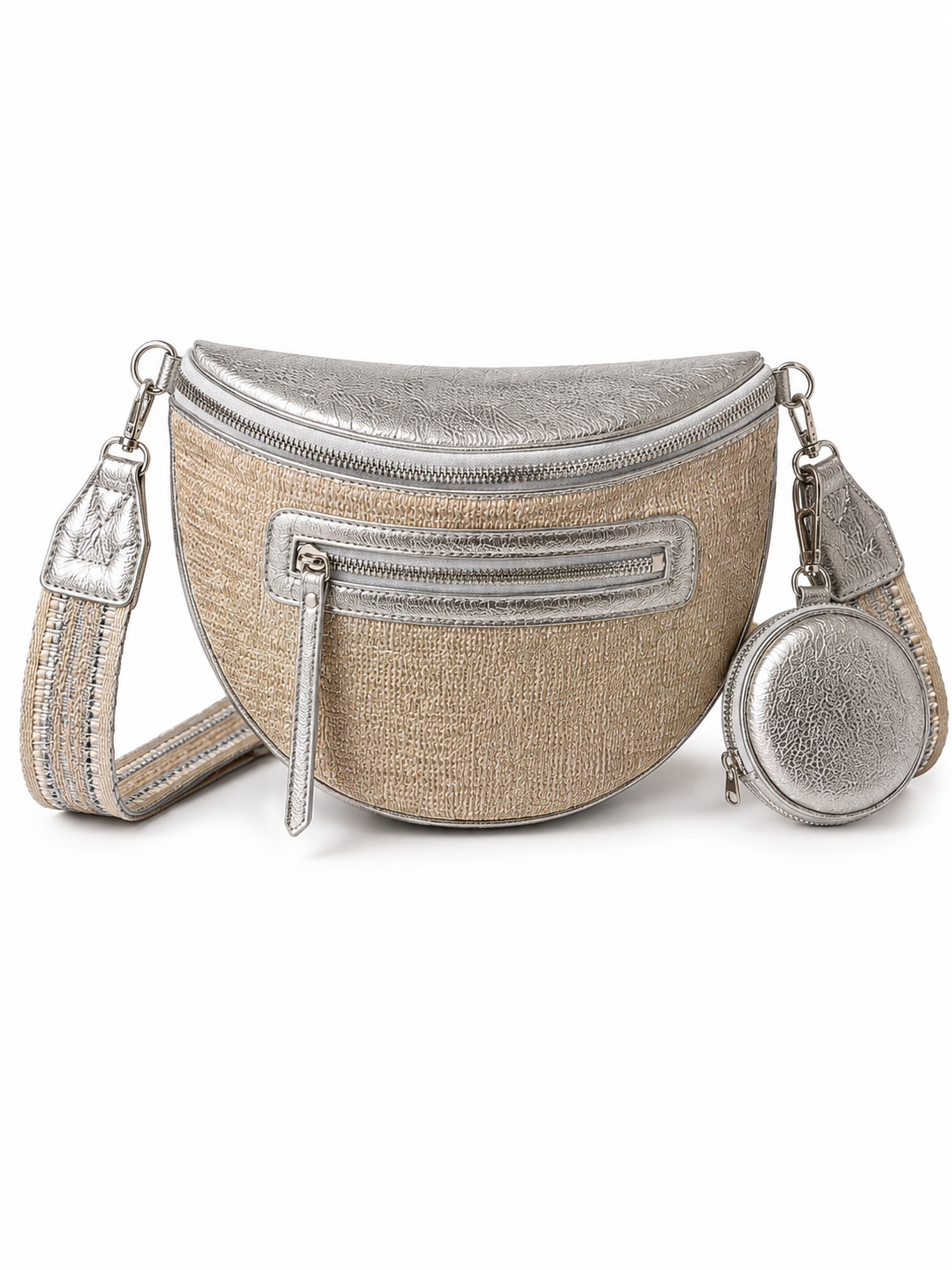 Grand sac banane femme Argenté brillant effet paille Bandoulière large - Porte-monnaie inclus