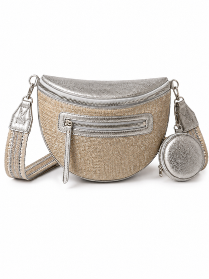 Grand sac banane femme Argenté brillant effet paille Bandoulière large - Porte-monnaie inclus