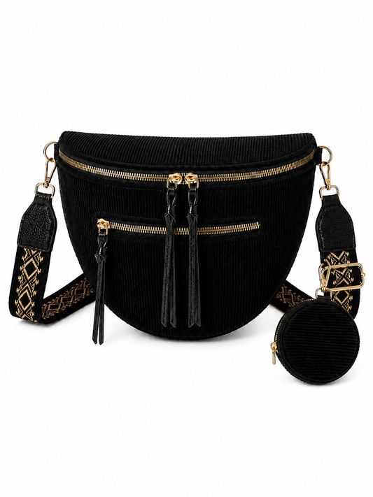 Grand Sac Banane Femme en Velours Côtelé – Bandoulière Ajustable, Porte-monnaie Inclus