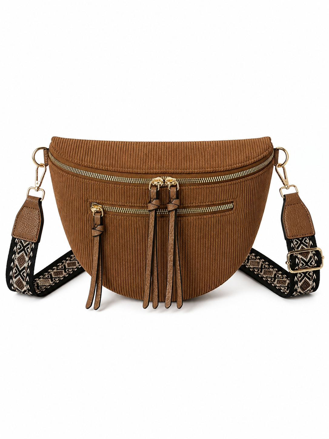 Grand Sac Banane Femme en Velours Côtelé – Bandoulière Ajustable, Porte-monnaie Inclus Marron caramel