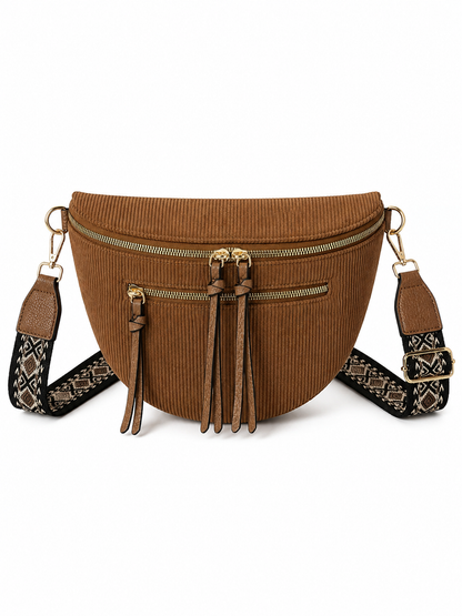 Grand Sac Banane Femme en Velours Côtelé – Bandoulière Ajustable, Porte-monnaie Inclus Marron caramel
