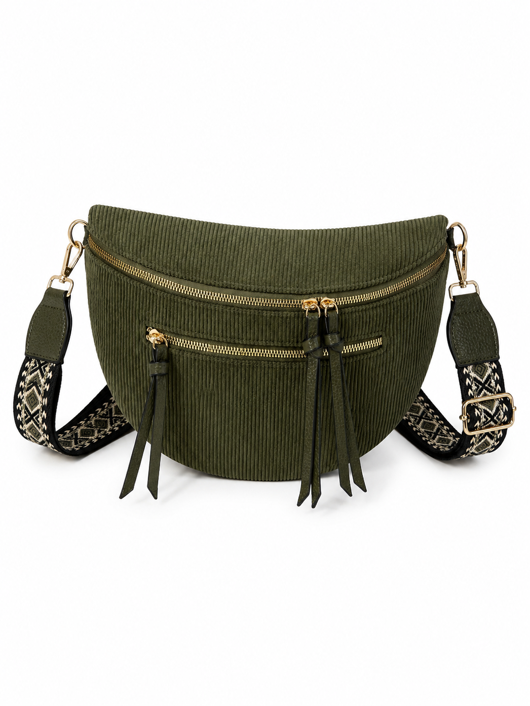 Grand sac banane femme velours côtelé vert kaki Bandoulière large - Porte-monnaie inclus