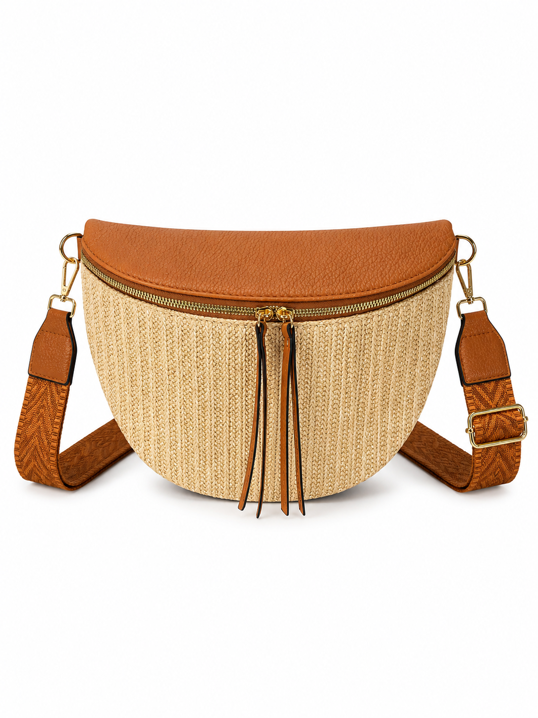 Grand sac banane femme Marron effet paille Bandoulière large