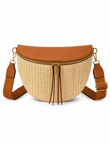 Grand sac banane femme Marron effet paille Bandoulière large