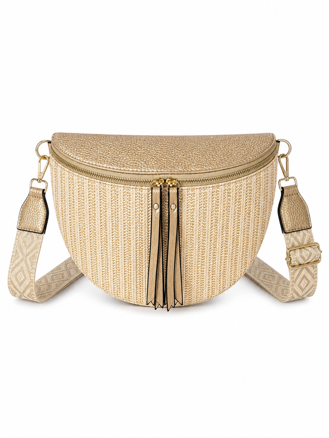 Grand sac banane femme Doré effet paille Bandoulière large