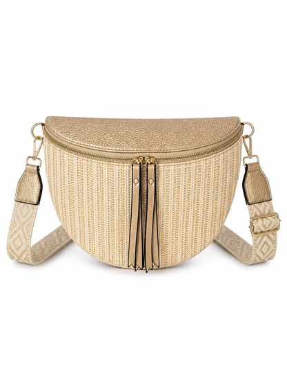 Grand sac banane femme Doré effet paille Bandoulière large