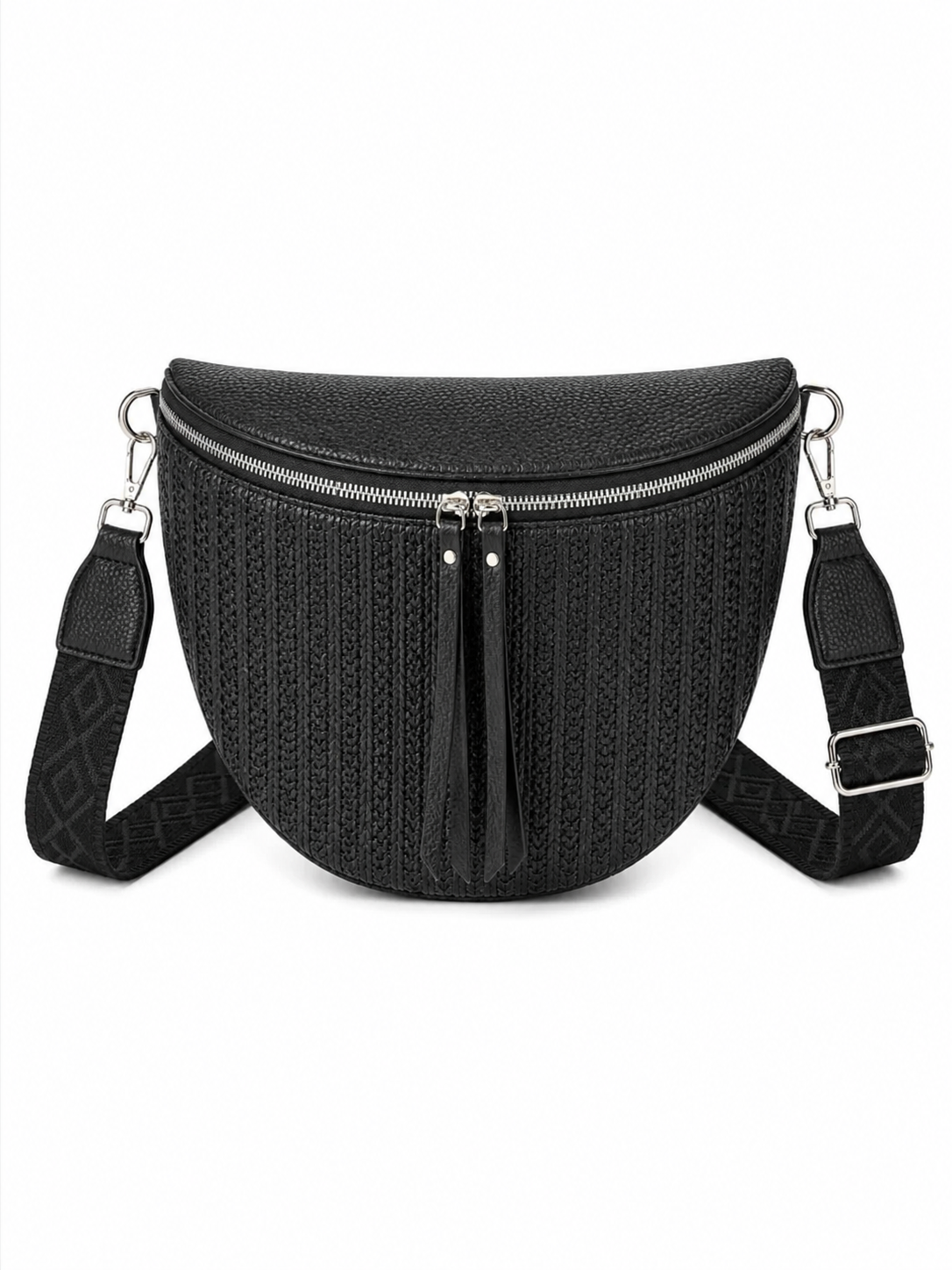 Grand sac banane femme noir effet paille Bandoulière large - Porte-monnaie inclus
