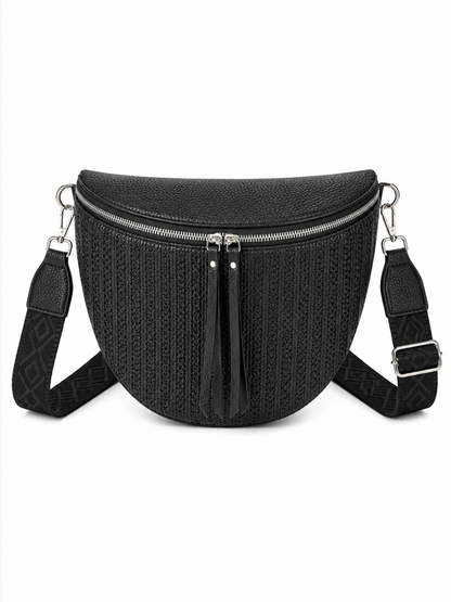 Grand sac banane femme noir effet paille Bandoulière large - Porte-monnaie inclus