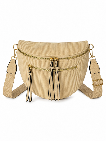 Grand sac banane femme Velours côtelé beige sablé Bandoulière large