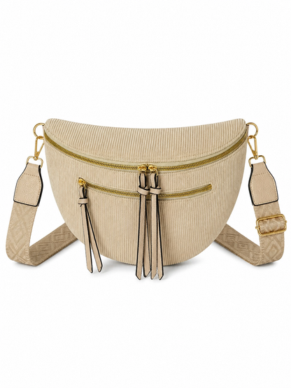 Grand sac banane femme velours côtelé beige grisé Bandoulière large - Porte-monnaie inclus