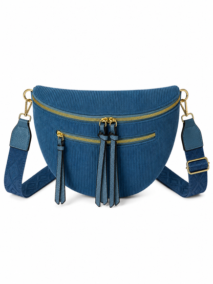 Grand sac banane femme velours côtelé bleu turquoise Bandoulière large - Porte-monnaie inclus