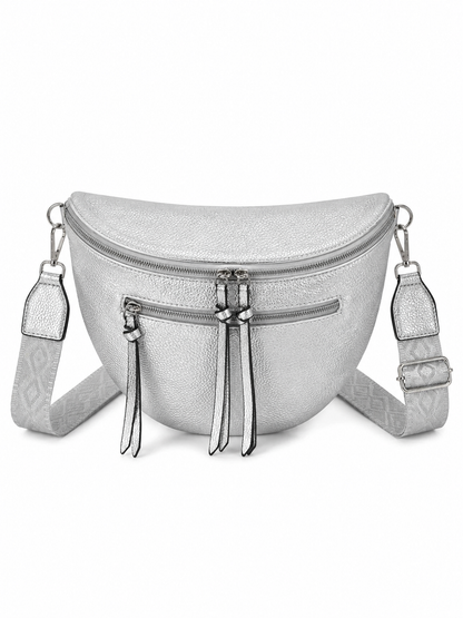 Grand sac banane femme Cuir argenté Bandoulière large - Porte-monnaie inclus