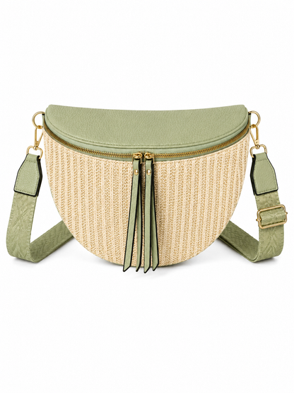 Grand sac banane femme vert effet paille Bandoulière large