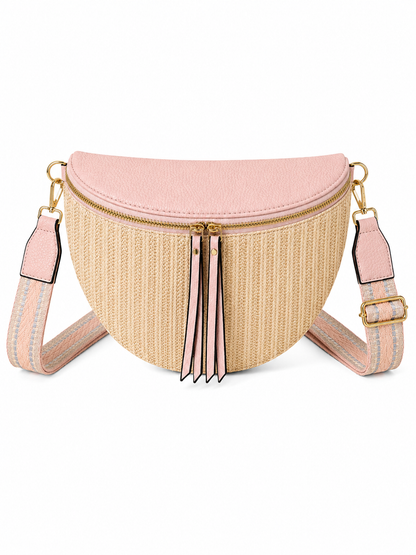 Grand sac banane femme rose effet paille Bandoulière large
