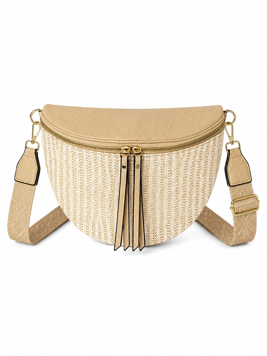 Grand sac banane femme Beige effet paille Bandoulière large