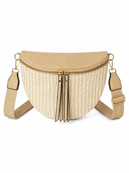 Grand sac banane femme Beige effet paille Bandoulière large