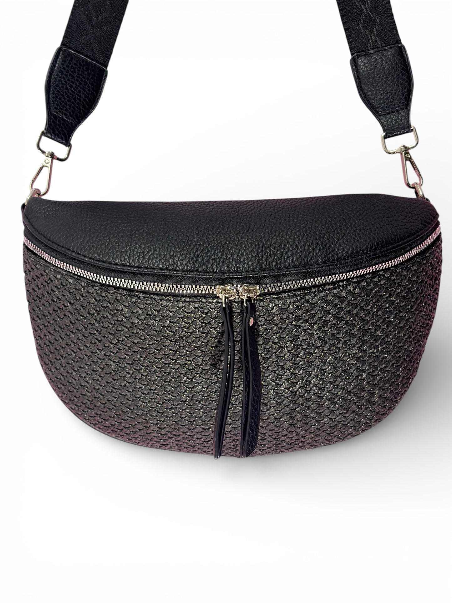 Grand sac banane - Noir - bi-matière motif mat | A