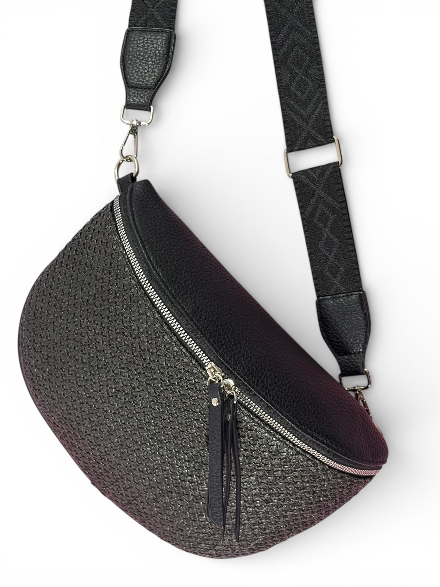 Grand sac banane - Noir - bi-matière motif mat | A