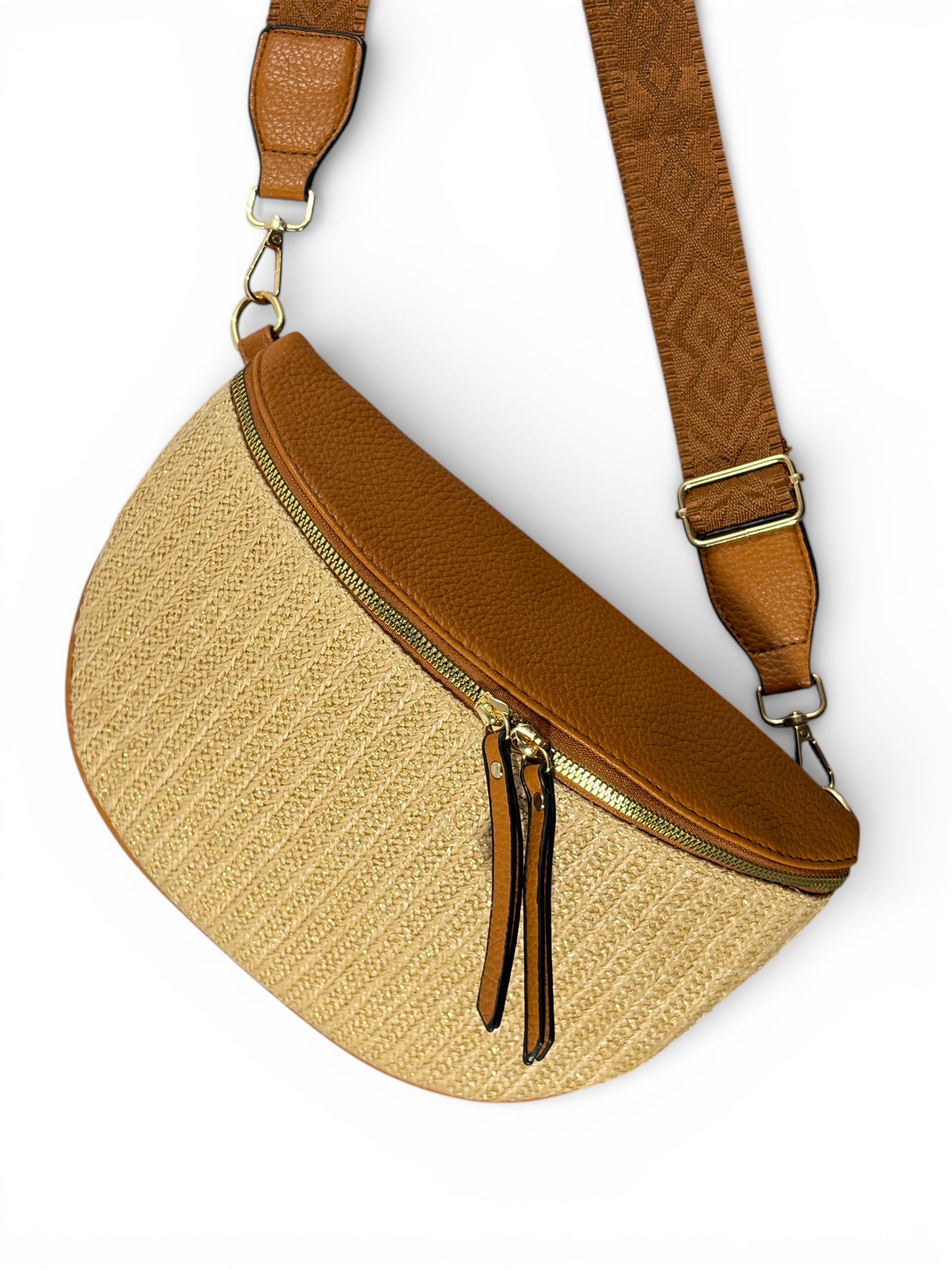 Grand sac banane - marron - Bi-matière motif brillant | A