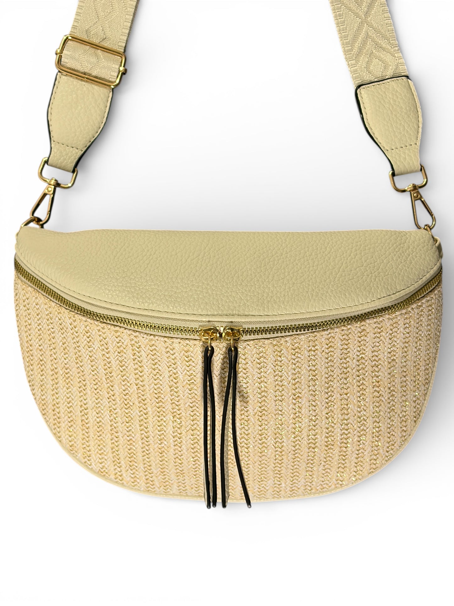 Grand sac banane - Crème - Bi-matière motif brillant | A