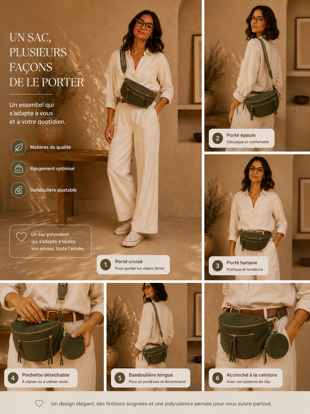 Grand sac banane femme velours côtelé vert kaki Bandoulière large - Porte-monnaie inclus