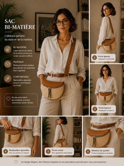 Grand sac banane femme Marron effet paille Bandoulière large