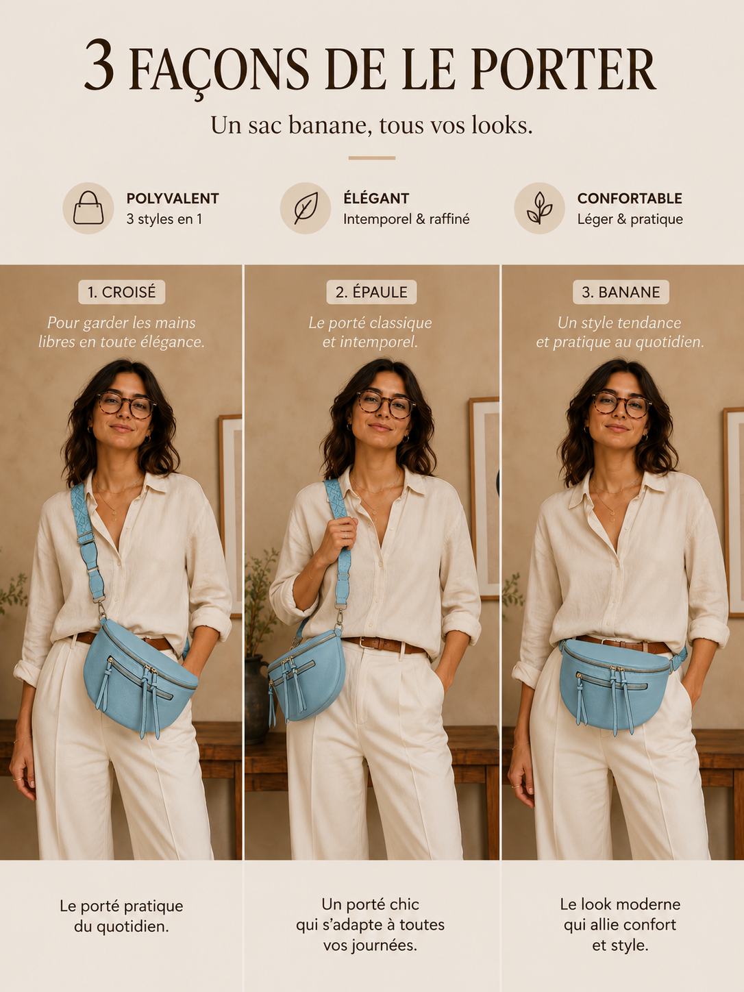 Grand sac banane femme Cuir bleu ciel Bandoulière large - Porte-monnaie inclus