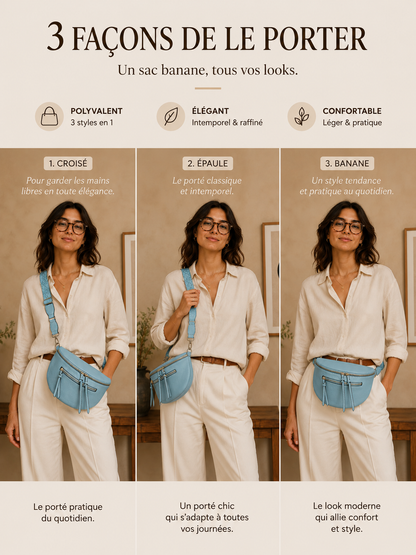 Grand sac banane femme Cuir bleu ciel Bandoulière large - Porte-monnaie inclus