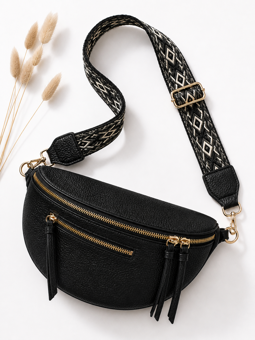 Grand Sac Banane Femme en cuir synthétique – Bandoulière Ajustable, Porte-monnaie Inclus Noir