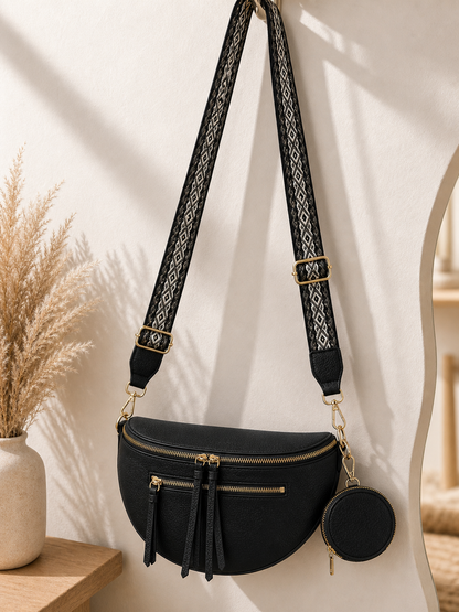 Grand Sac Banane Femme en cuir synthétique – Bandoulière Ajustable, Porte-monnaie Inclus Noir