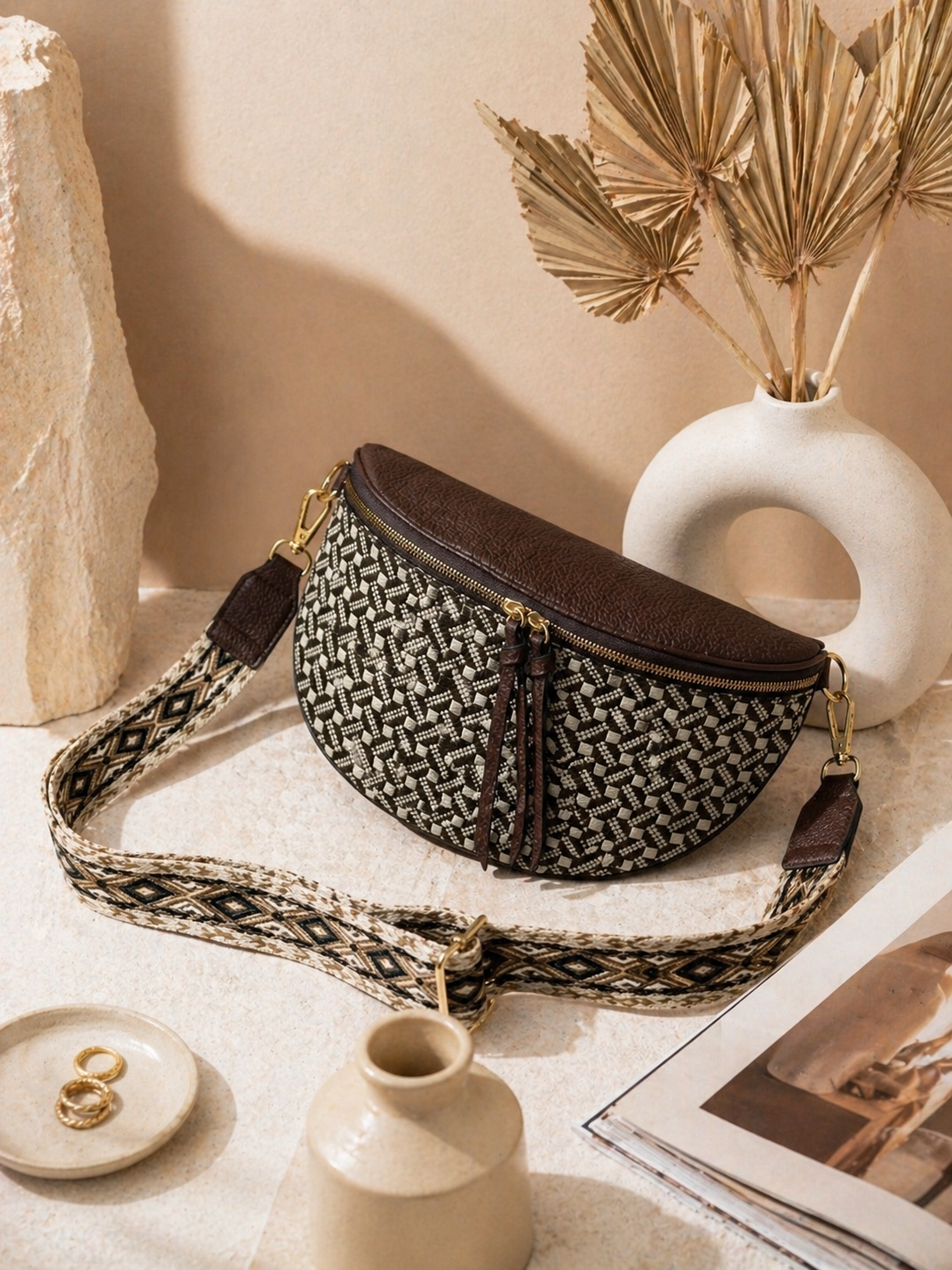 Grand sac banane femme marron style paille Bandoulière large - Porte-monnaie inclus