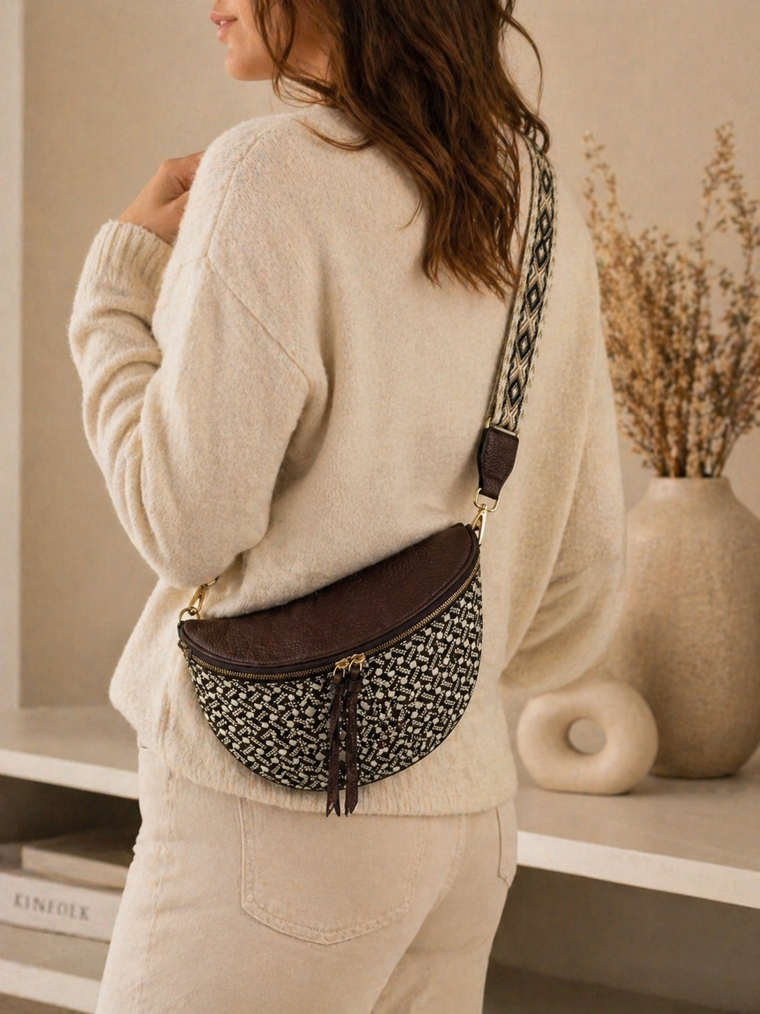 Grand sac banane femme marron style paille Bandoulière large - Porte-monnaie inclus