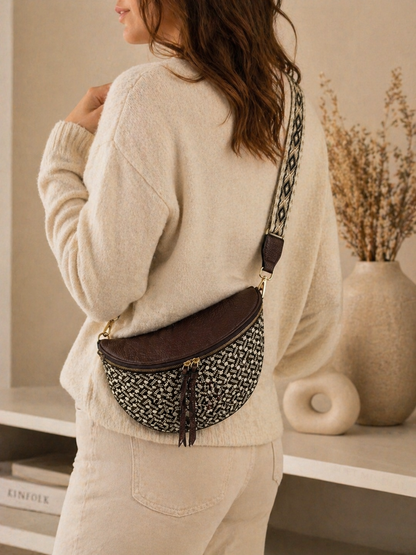 Grand sac banane femme marron style paille Bandoulière large - Porte-monnaie inclus