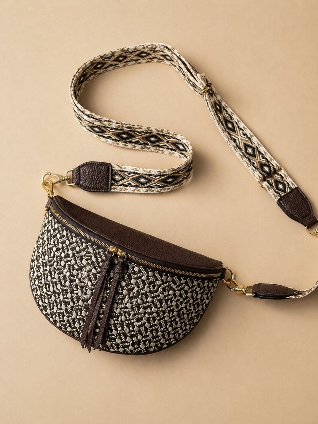Grand sac banane femme marron style paille Bandoulière large - Porte-monnaie inclus