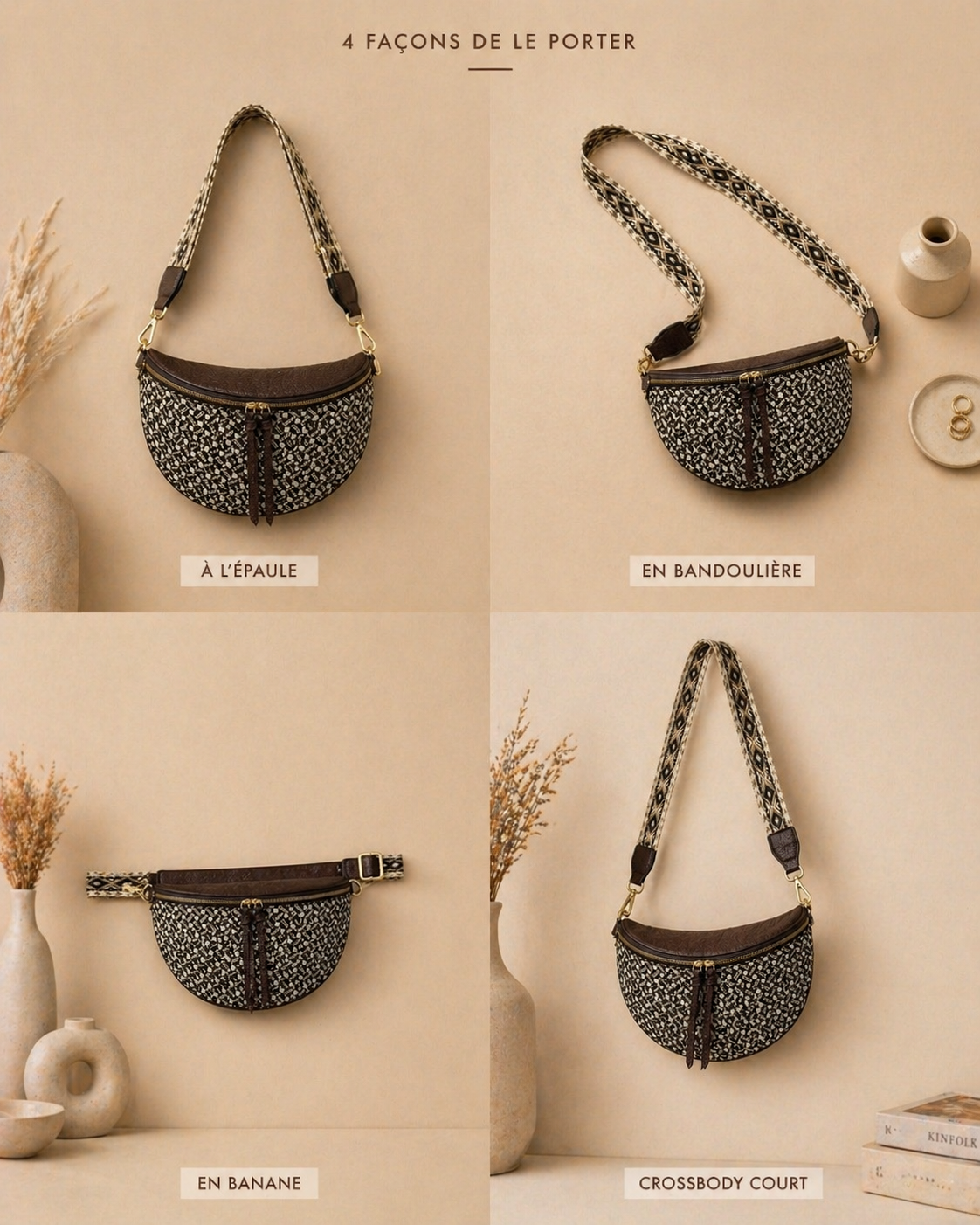 Grand sac banane femme marron style paille Bandoulière large - Porte-monnaie inclus
