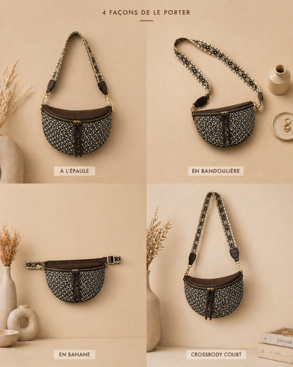 Grand sac banane femme marron style paille Bandoulière large - Porte-monnaie inclus