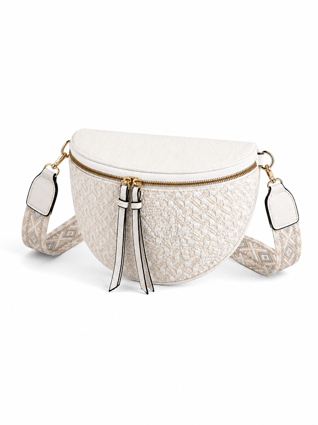 Grand sac banane femme blanc effet paille Bandoulière large - Porte-monnaie inclus