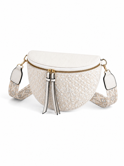 Grand sac banane femme blanc effet paille Bandoulière large - Porte-monnaie inclus