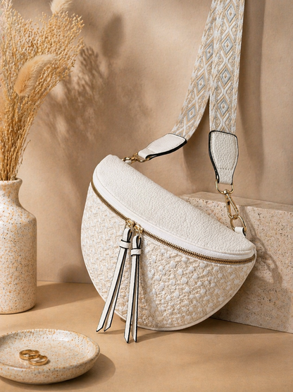 Grand sac banane femme blanc effet paille Bandoulière large - Porte-monnaie inclus