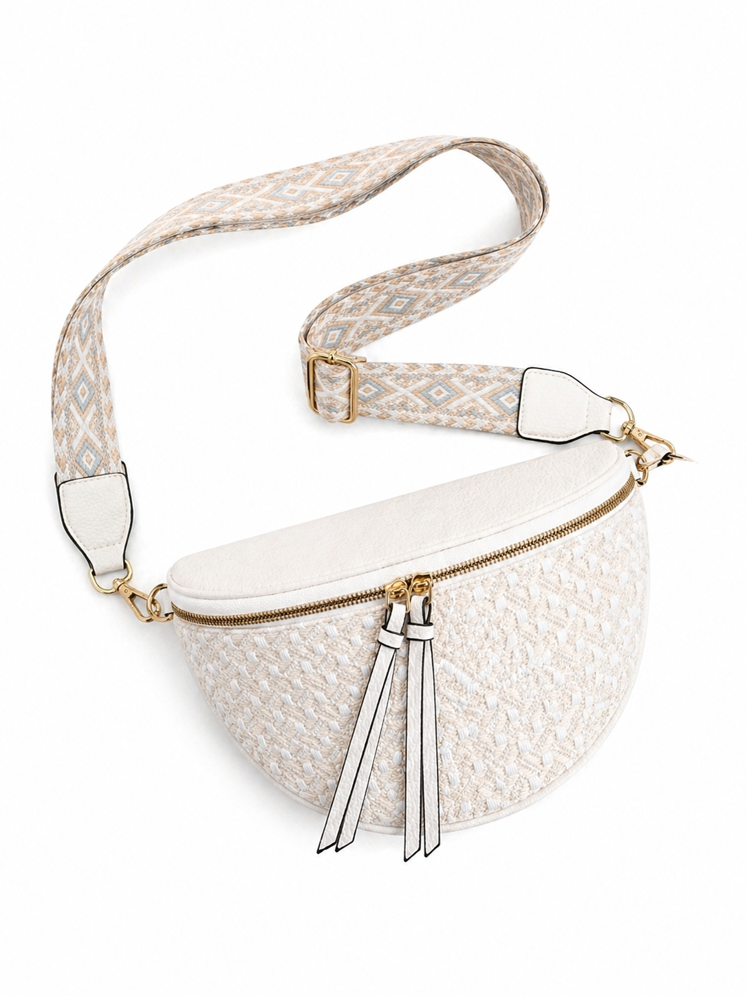 Grand sac banane femme blanc effet paille Bandoulière large - Porte-monnaie inclus