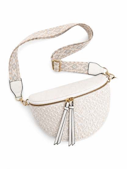 Grand sac banane femme blanc effet paille Bandoulière large - Porte-monnaie inclus